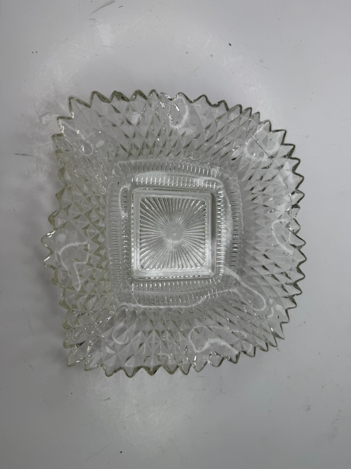 Vintage Indiana Glass 6.5″ Square Candy Dish Bowl Diamond Cut Ruffled Edge
