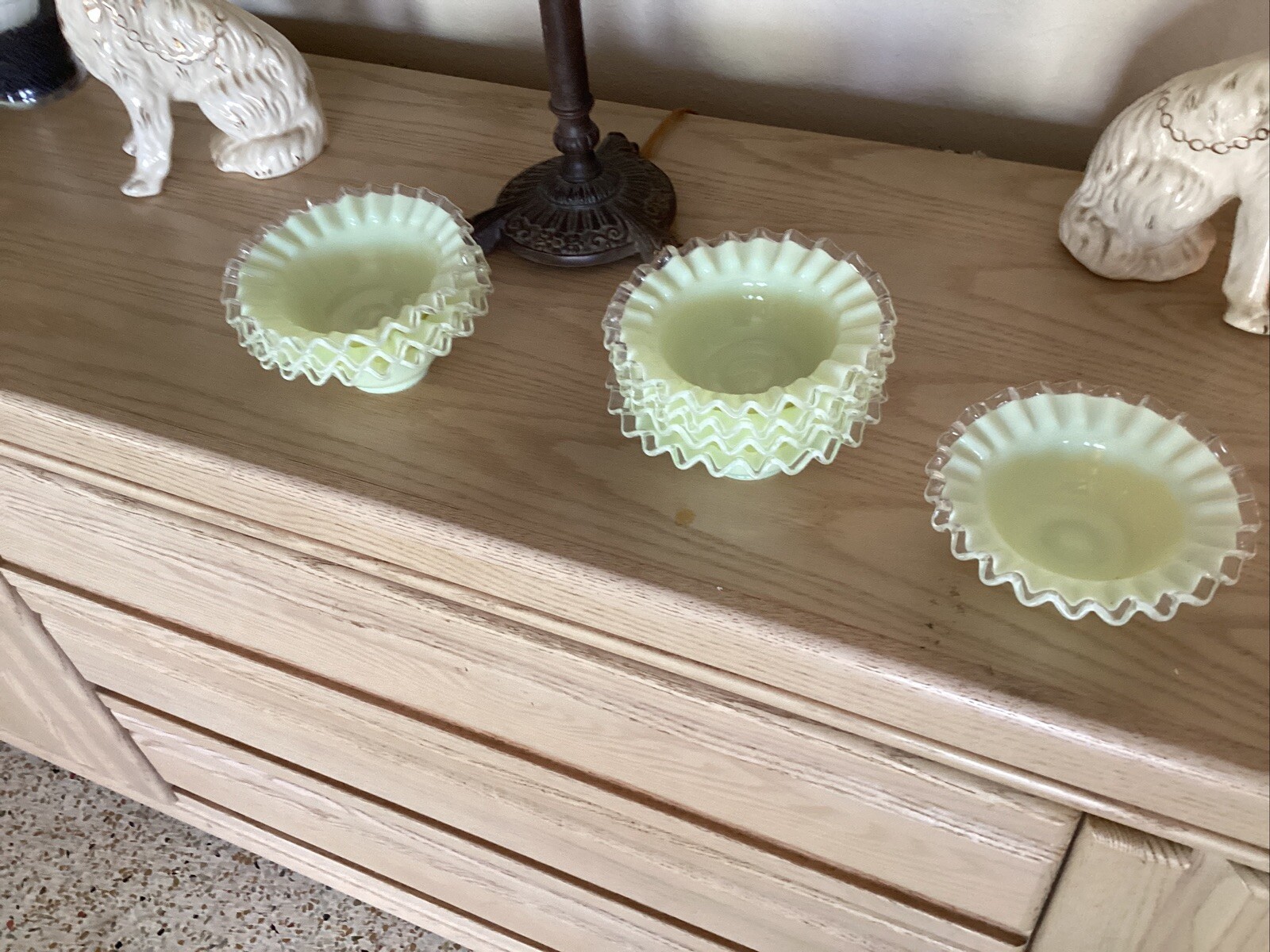 Fenton Glass Crested Opalescent Yellow /Green Pastel Milk Glass Bowls