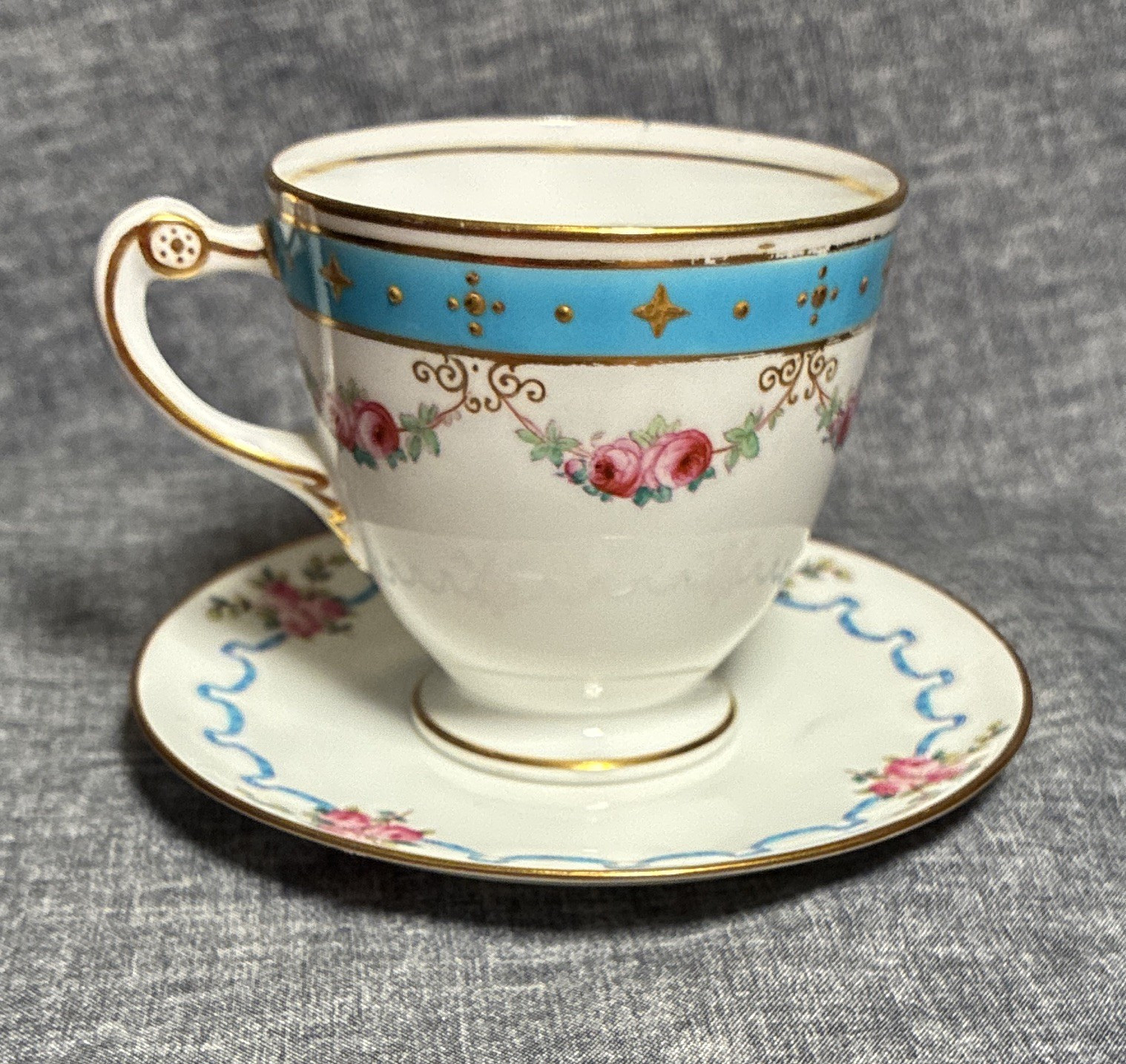 VintageSpode Bone China Floral Cup & Saucer Set Blue Band Gold Trim England