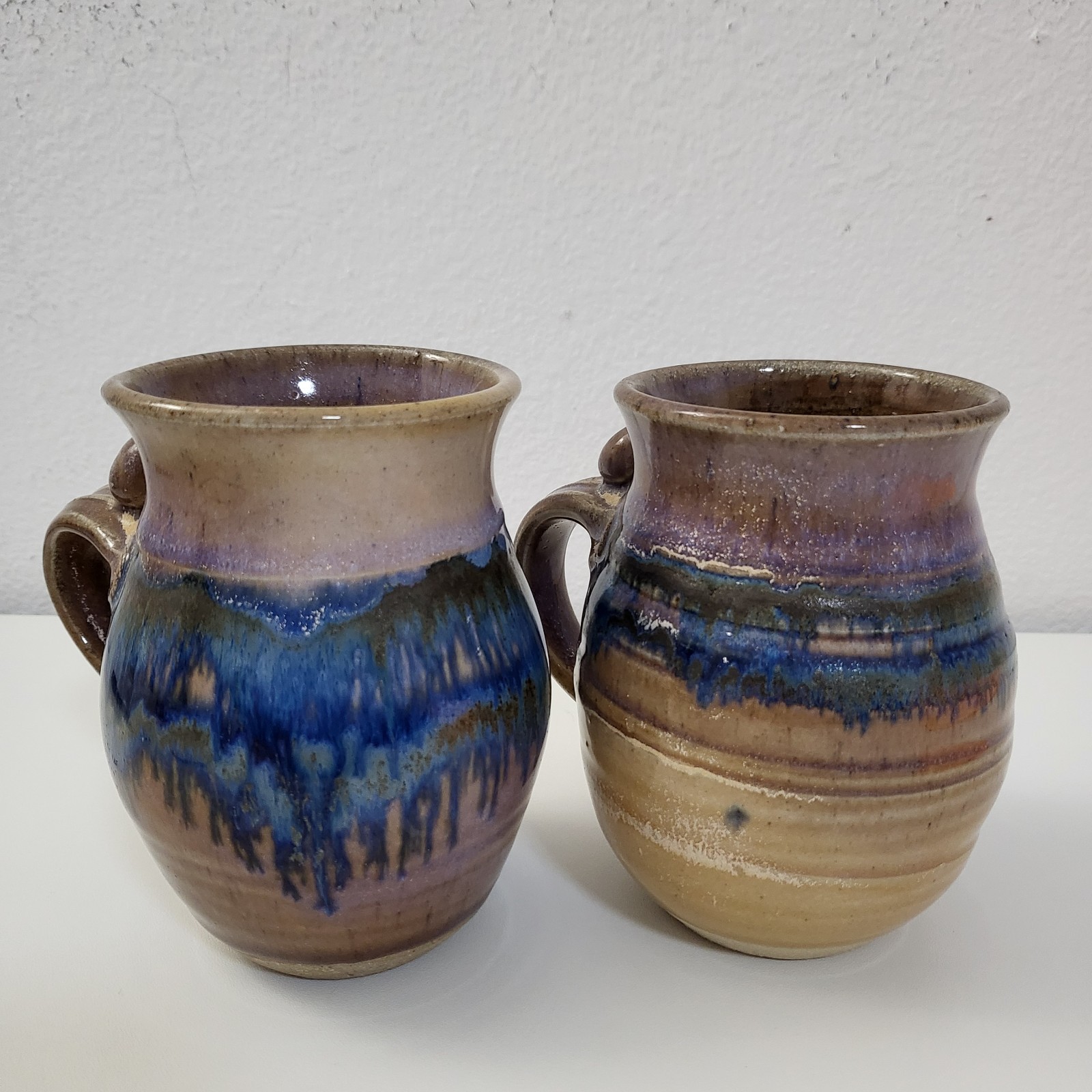 Set Of 2 Handcrafted Drip Glaze Studio Art Pottery Coffee Mugs Brown Blue Signed