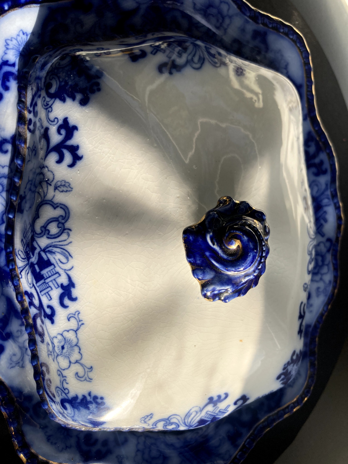 Antique Royal Doulton Flow Blue Oval Covered Vegetable Nankin Porcelain England