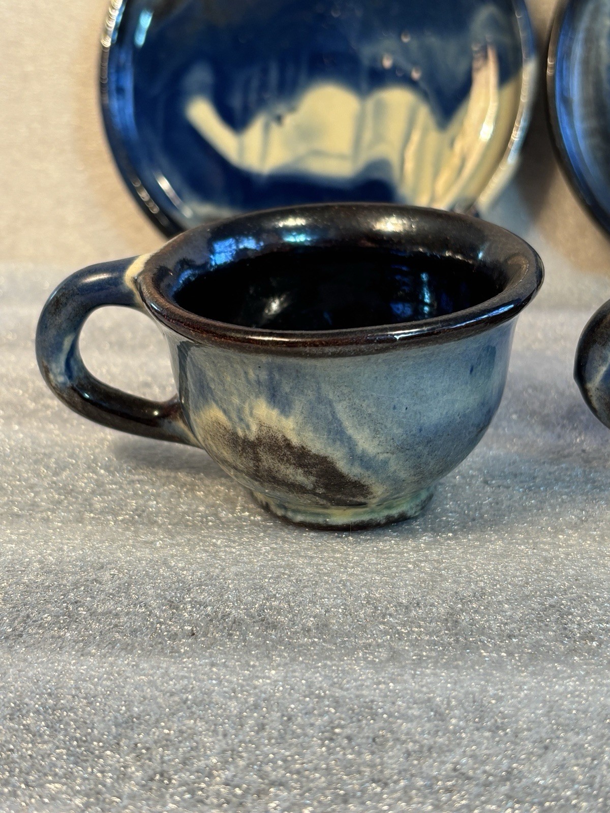 Studio Ceramic Pottery 2 cups & 2 Saucers Hand-Made Brown Blue Yellow
