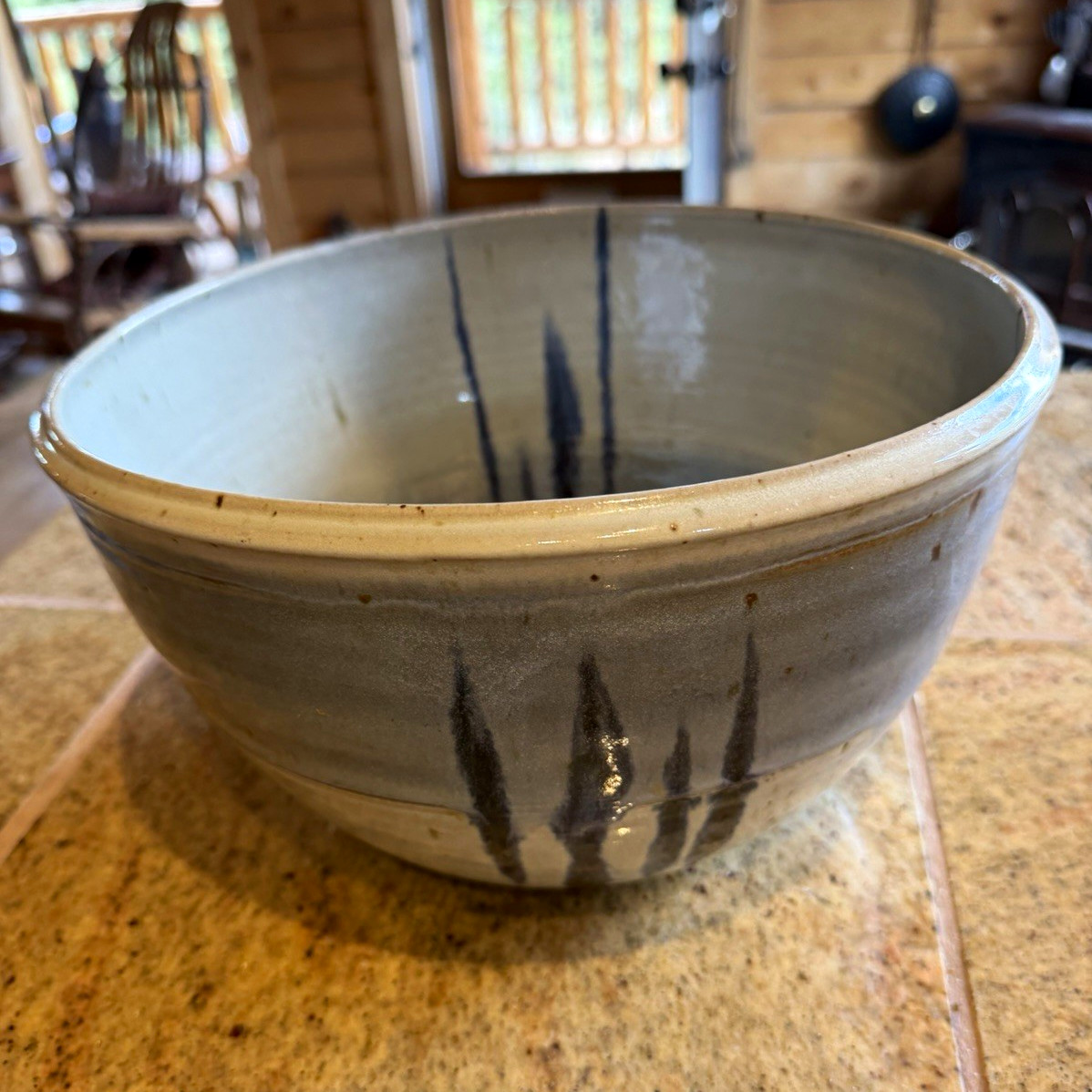 Handmade Art Pottery Ceramic Bowl Gray/Blue Abstract Hand-Painted Glossy