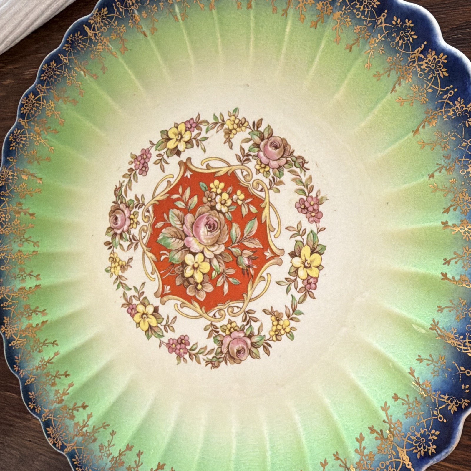 Floral Porcelain Decorative Round Plate, Green Blue Multicolor, Gold Trim