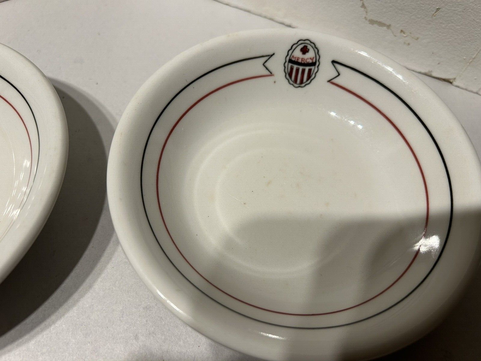 Vtg MERCY HOSPITAL 2 bowls Mayer China restaurant ware cafeteria 1950s backstamp