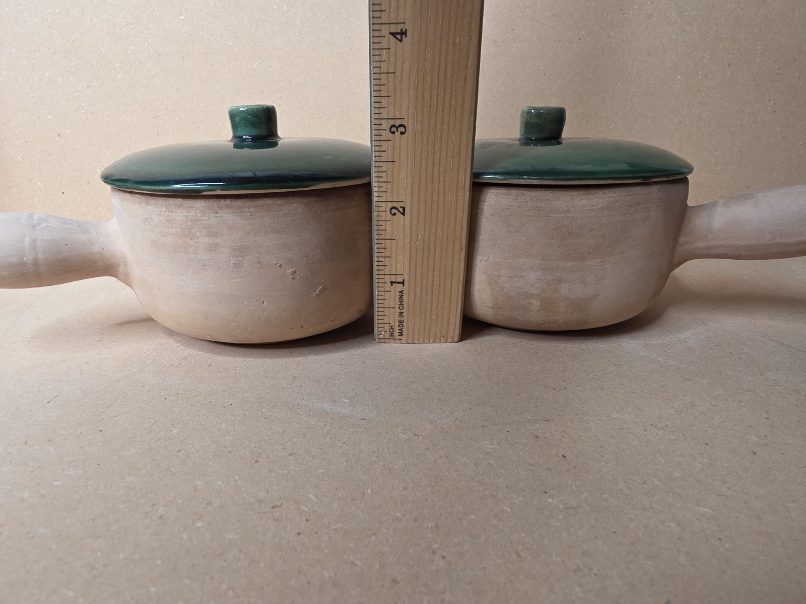 La Solana Pottery Natural Clay Body Green Lid & Body Made 1940/50’s Casserole X2
