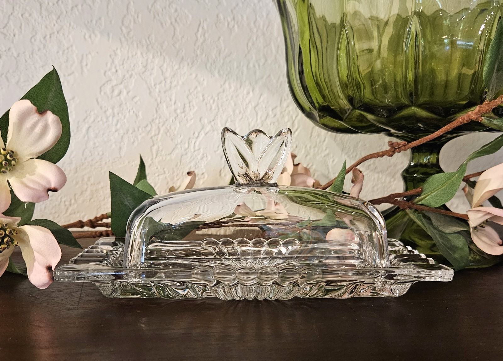 Classic Kitchen Clear Glass Covered Butter Dish Tulip Flower Knob Cottagecore