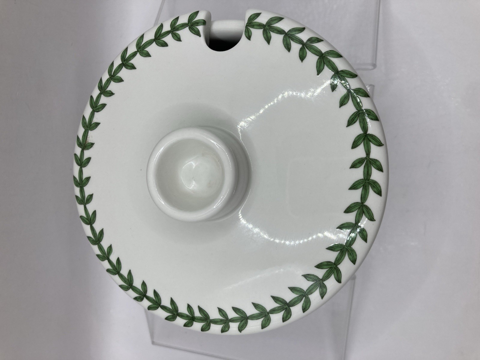 Portmeirion Botanic Garden 5.25″ Lid Spoon Opening White w/Green Leaf Edge VGC