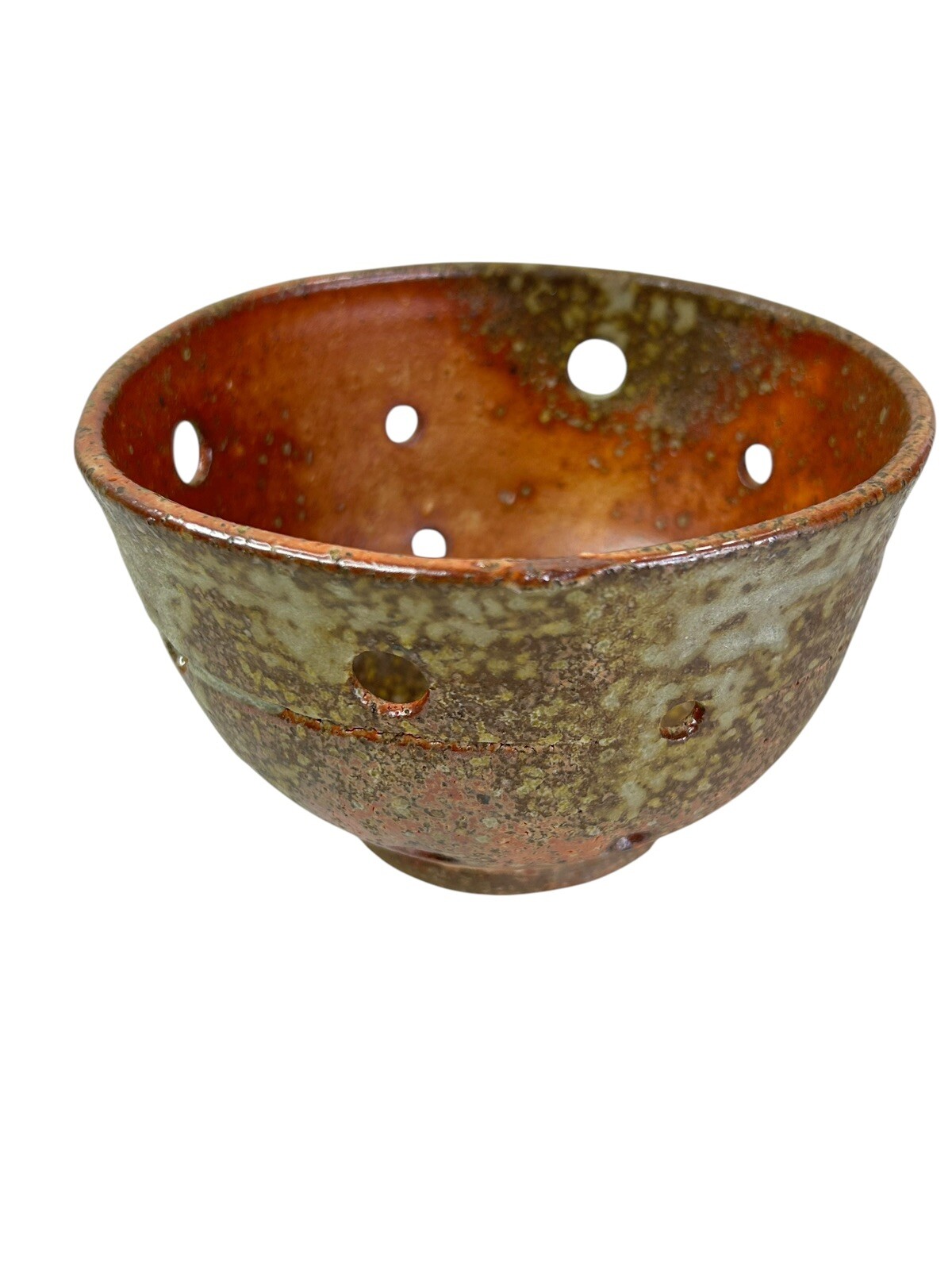Studio Art Pottery Colander Strainer Fruit Bowl Brown Hand Made Signed NA