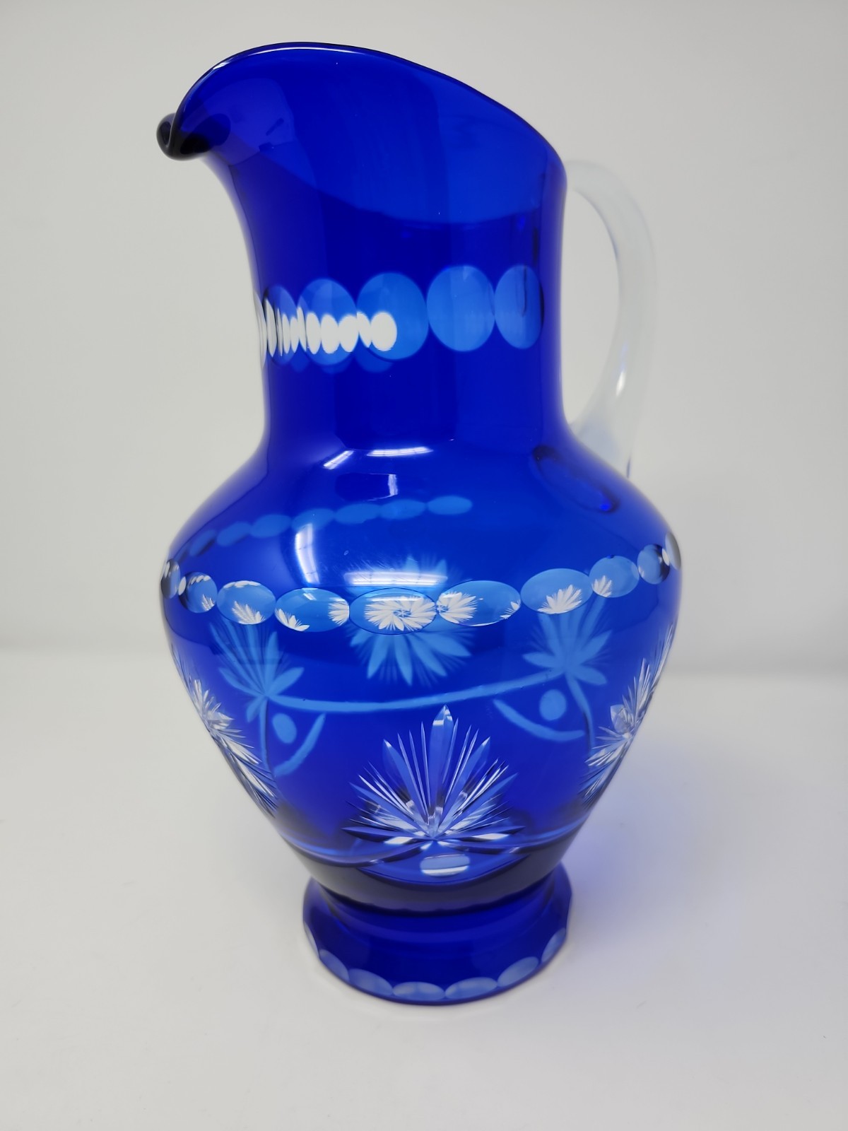 Rare Beautiful Large 1970s Blue Cut to Clear Glass Pitcher (M) Light