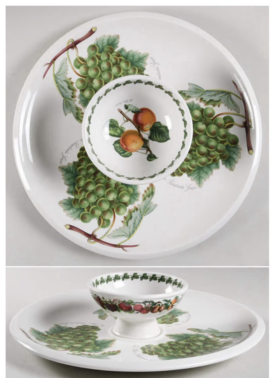 PORTMEIRION VINTAGE Pomona Grape Chip & Dip Round Platter & Bowl 2Pc Set 13.5″