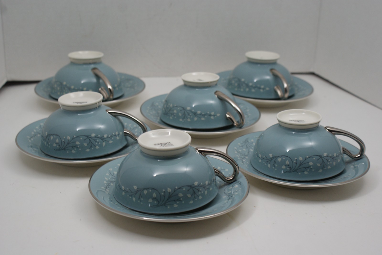 Syracuse China Minuet Footed Cup and Saucer White Blue Platinum Trim Lot of 6