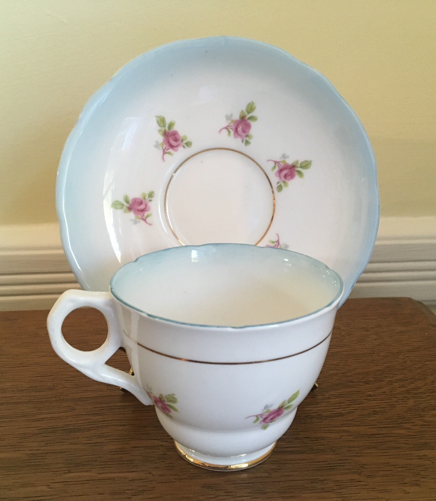 Royal Stafford Roses Pale Blue Teacup Saucer Bone China Gold Trim England 1940s
