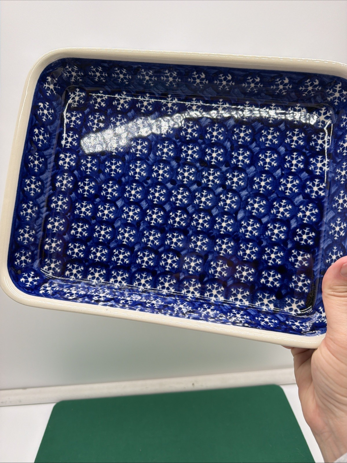 Vintage Polish Pottery Boleslawiec Blue Snowflake Rectangular Stoneware Dish