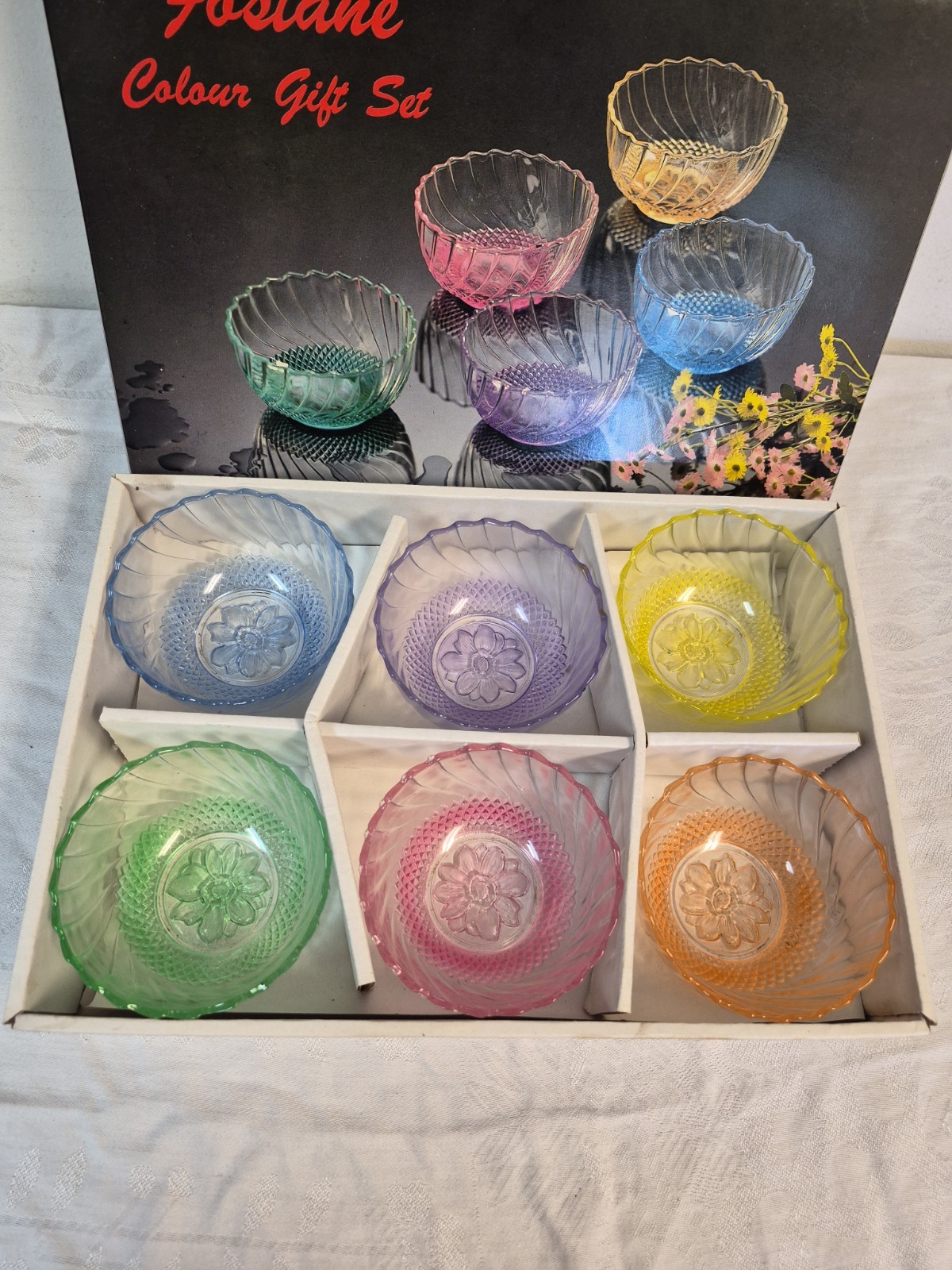 VTG Set of 6 Round Glass 3 3/4 Bowls Colored INDONESIA KIG Swirl Diamond Floral