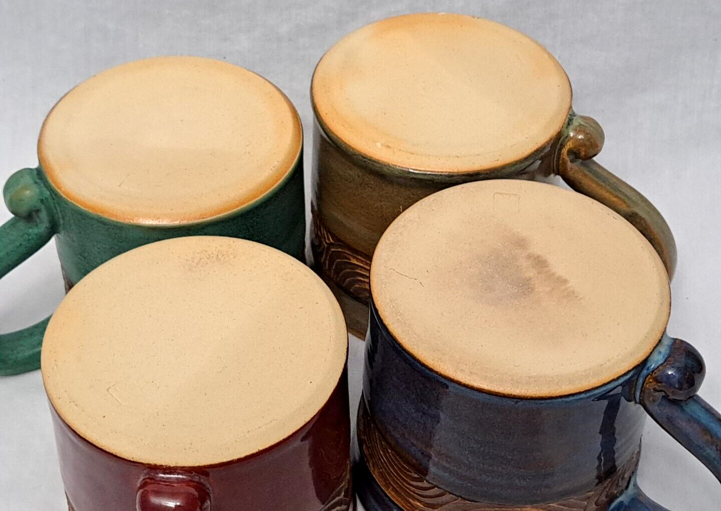 4 Studio Pottery Coffee Mugs Drip Glaze Native Island Look 18 Oz Carved Stamped