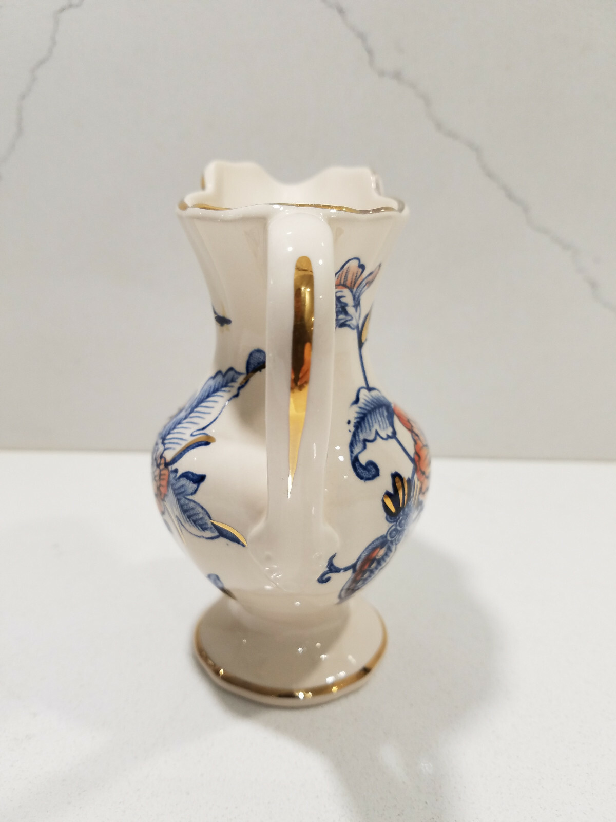 Mason’s England Cathay Pattern: Blue & Rust Flowers, Gold Trim Small Pitcher 5″