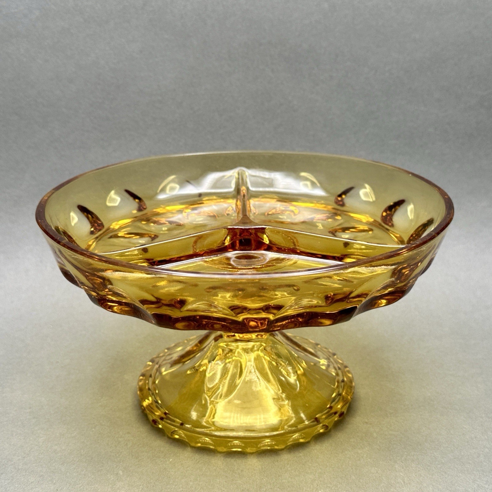 Vintage Hazel Atlas Golden Amber Glass 3 Part Divided Pedestal Serving Dish
