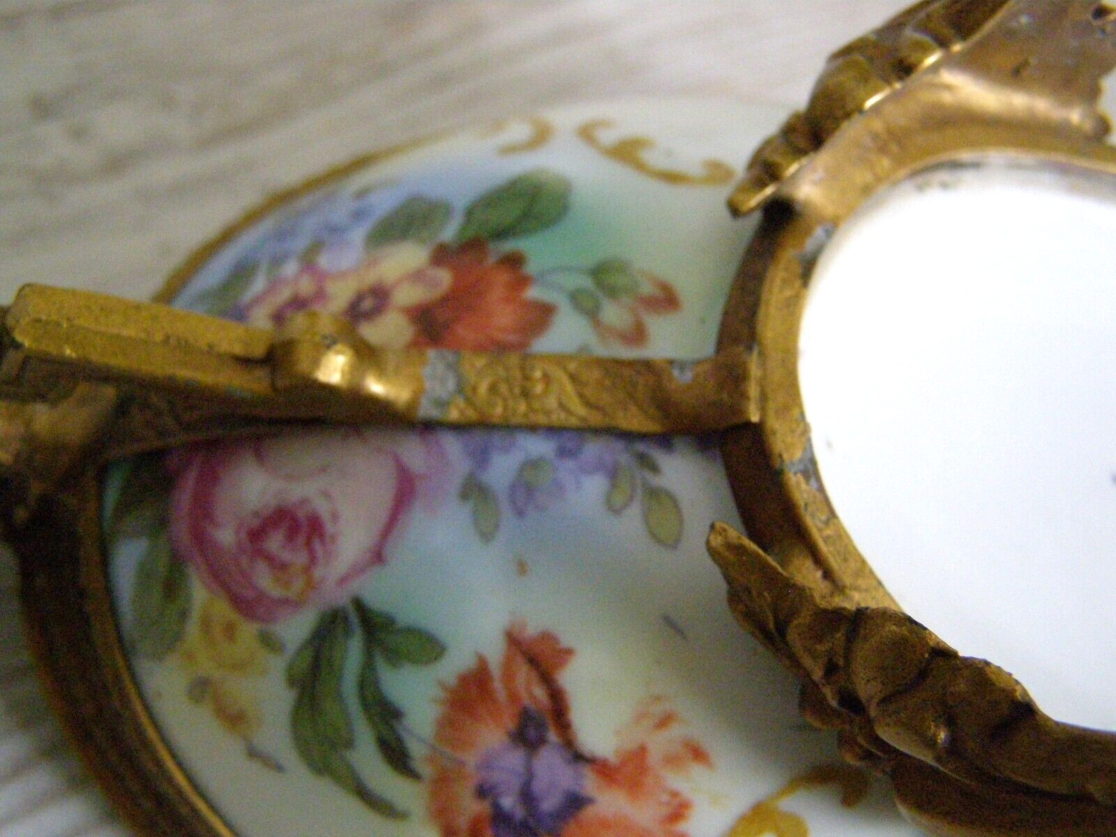 Antique Karlovy Vary Porcelain Serving Dish Gilt metal base bottom stamped #23