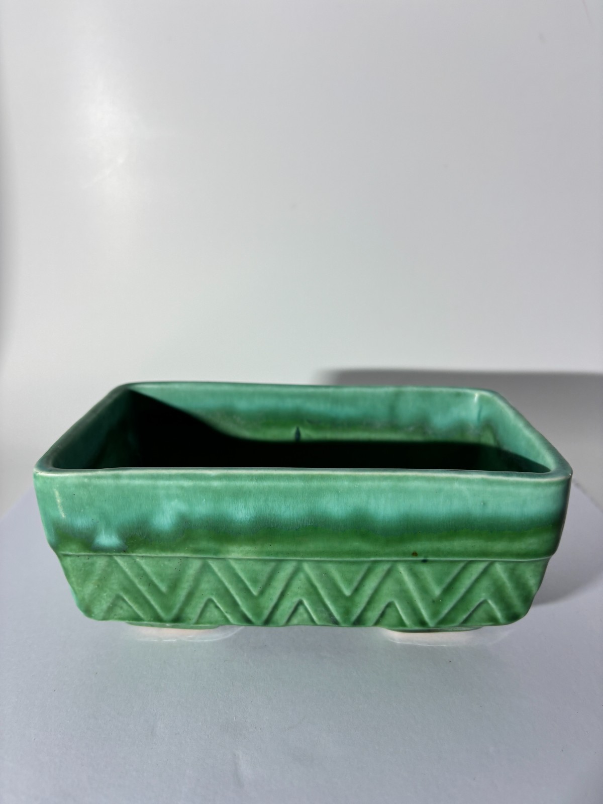Vintage Mid Century Modern Judy of California Chevron Planter Green Drip Glaze