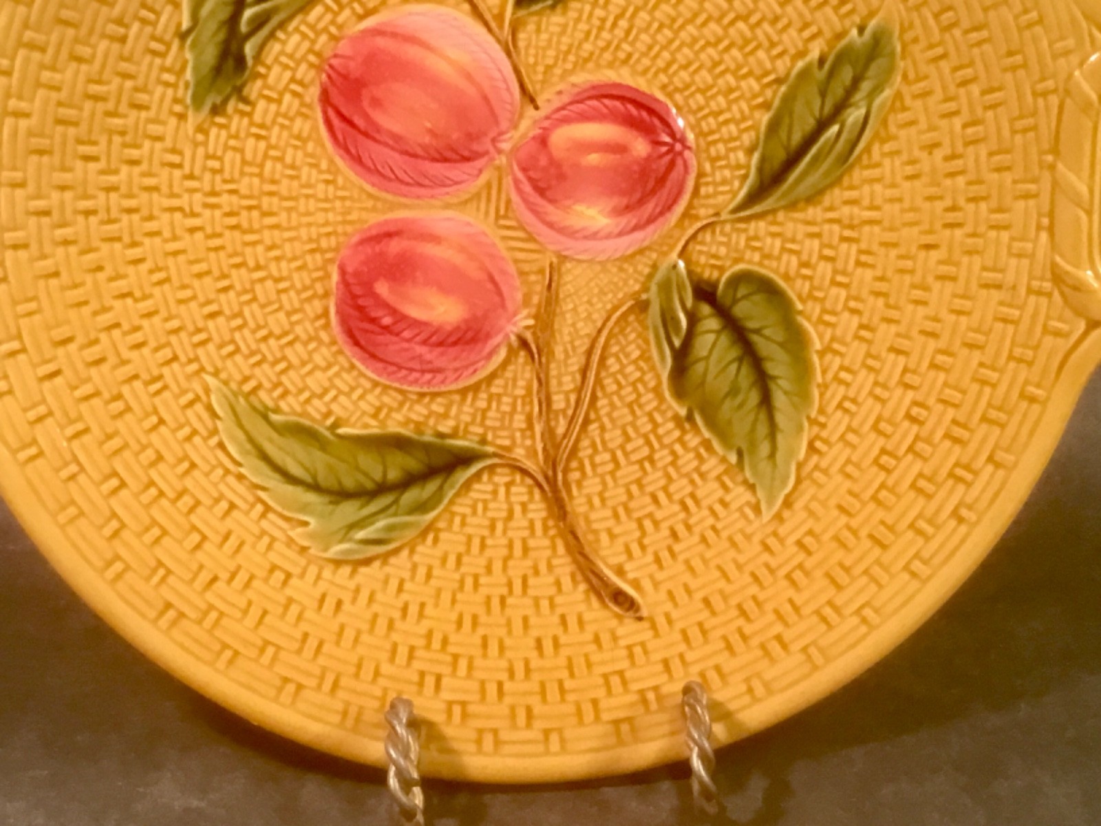 Antique Majolica Fruit and Leaves on Basketweave Platter c.1907