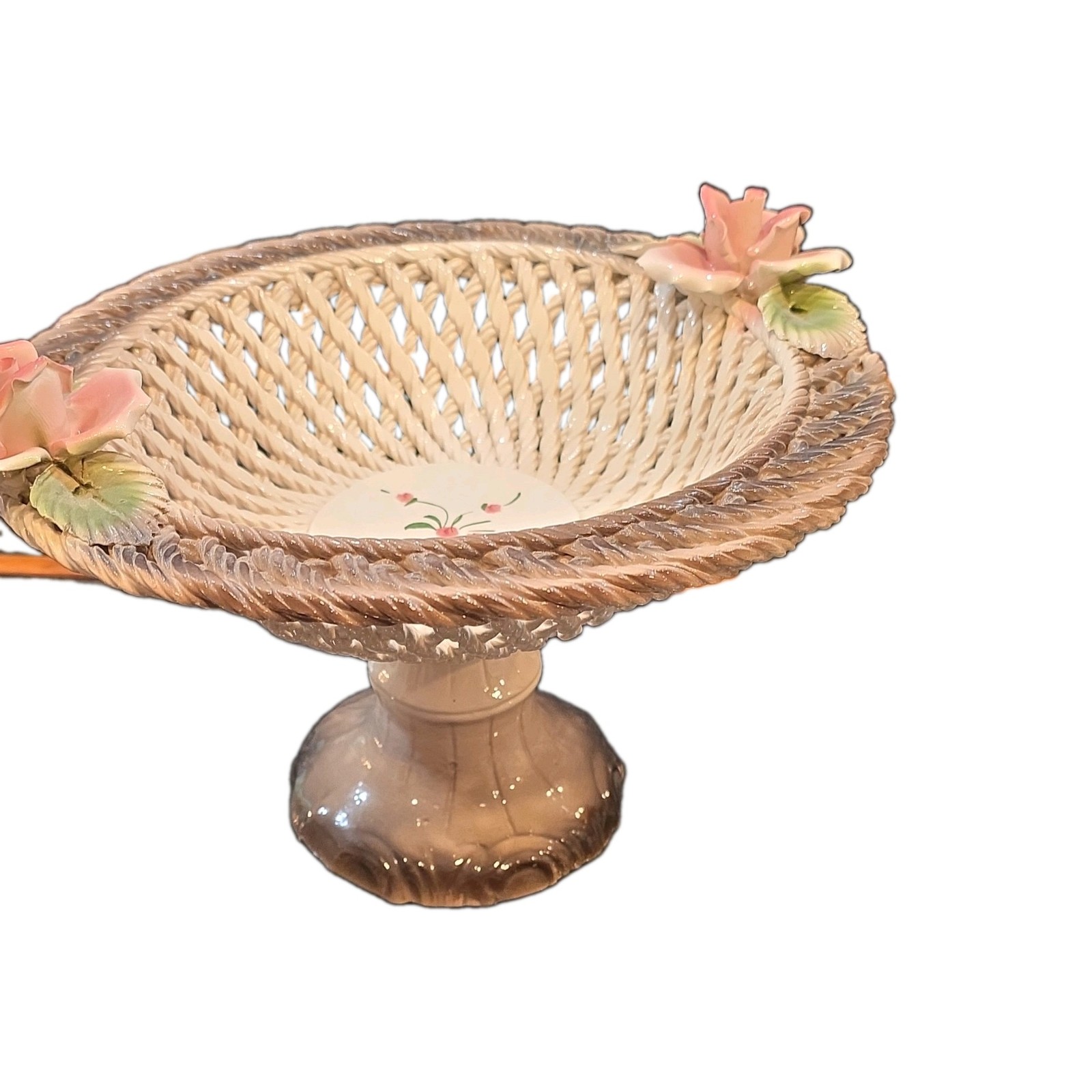 Italian capodimonte Pedestal reticulated basket Bowl with floral details.