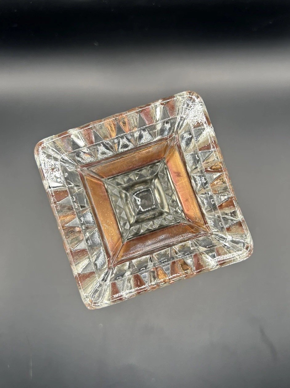 MCM 1950’s JEANNETTE Glass Wedding Box Clear W/ Gold Trim Candy Dish Pedistal 7″