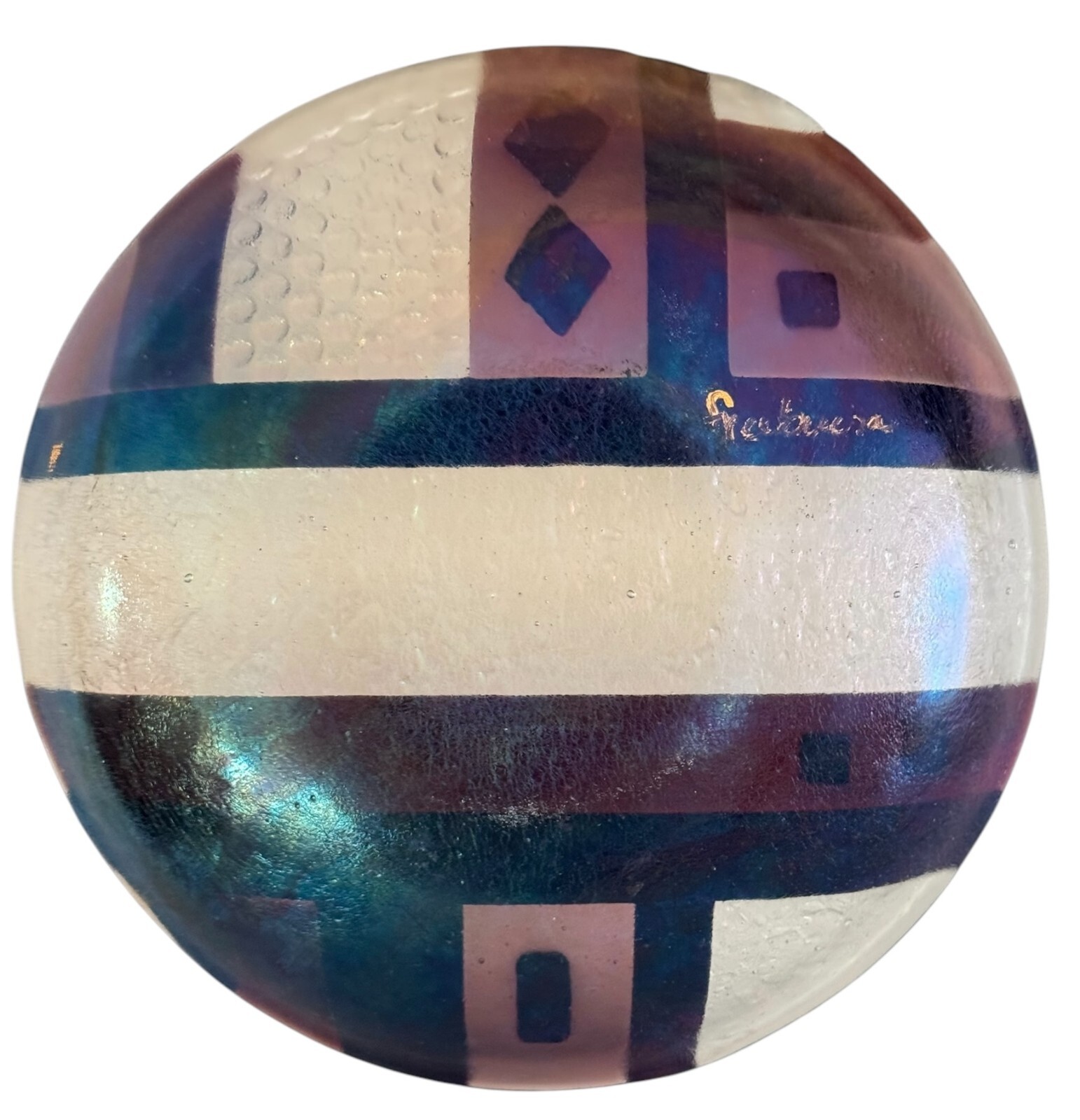 Geometric Textrd Dichroic Iridescent Fused Glass Plate Signed 7.5” Brn/Clear/Blk