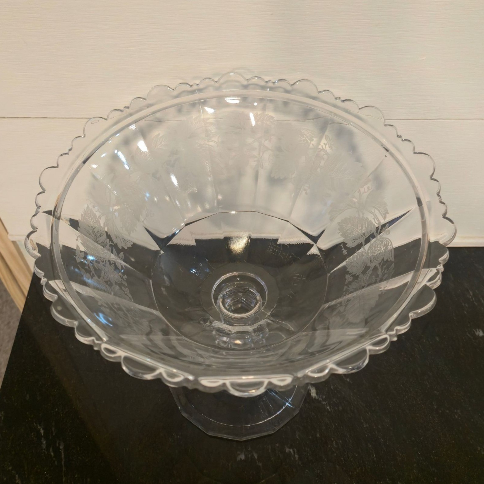 Antique Etched Glass Pedestal Compote Scalloped Rim Elegant Glass Bowl leaves