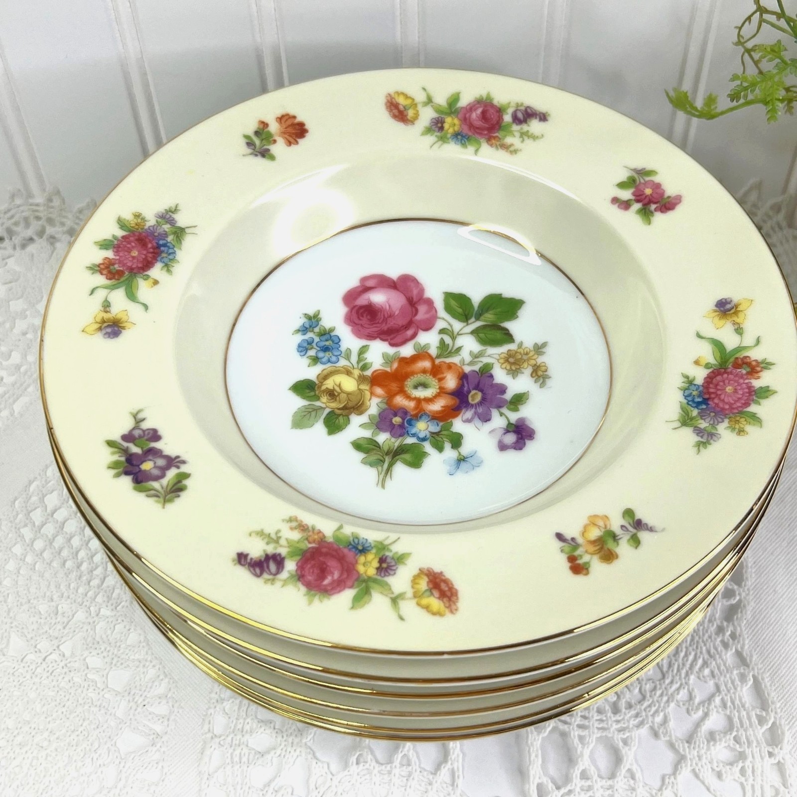 Vintage Rose China Rim Soup Bowls Set Of 6 Occupied Japan 8″ Elegant Dining