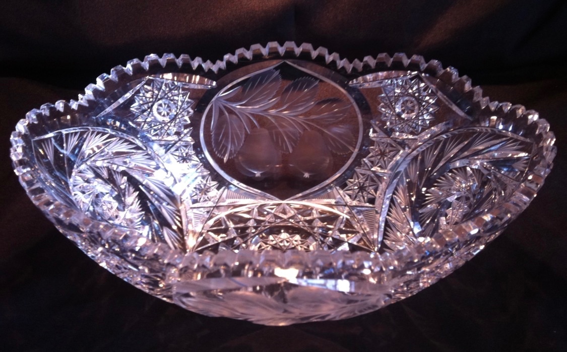 Cut Glass Bowl Intaglio: 11 5/8″ L x 7 1/2 W x 4 1/2″ H