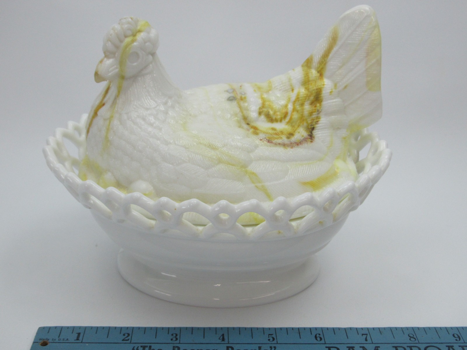 Atterbury Hen on Nest Yellow Slag Glass Covered Dish Antique 1800s