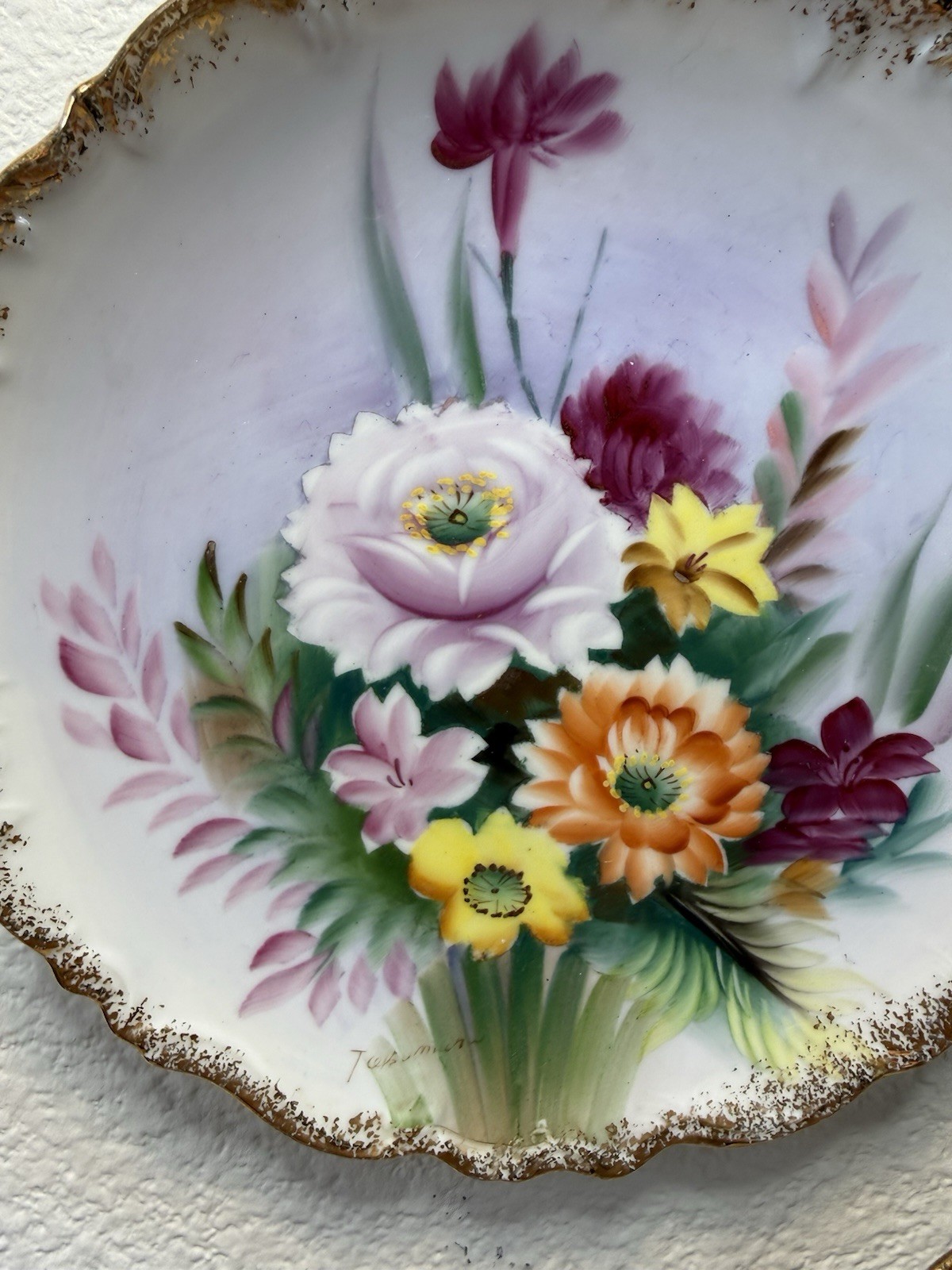 Vtg Set 3 Hand Painted Floral Wall Plates Signed UCAGCO Japan Gold