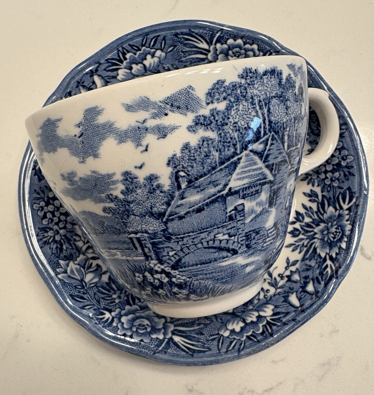 English Village Salem China Blue/Wt Olde Staffordshire England Tea Cup & Saucer