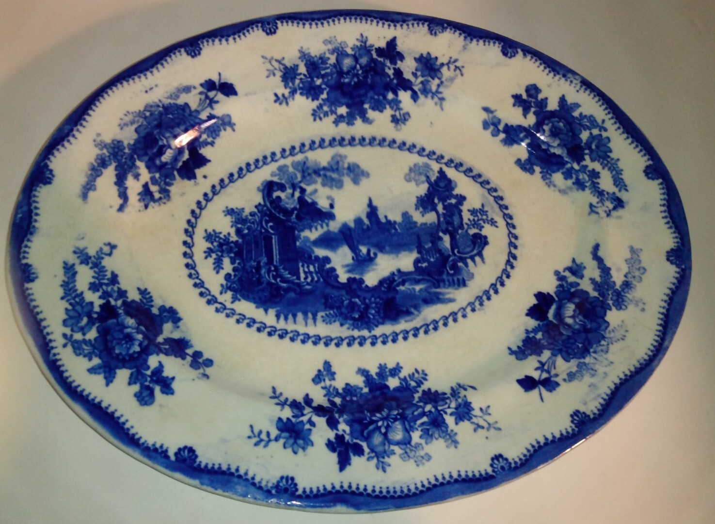 FLOW BLUE PLATTER 12” X 9” Nankin England PEARL POTTERY Circa 1900 GLAZE CRAZING