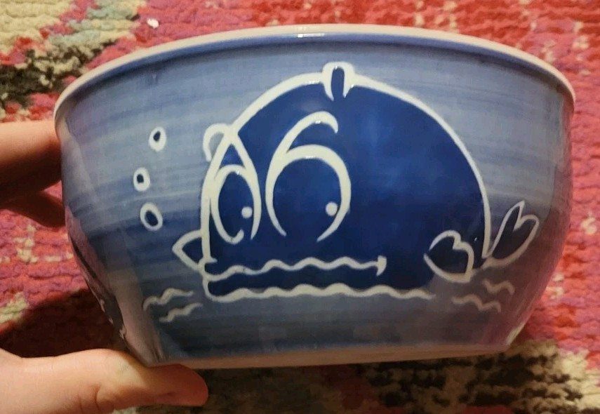 Yokohama Studio Hand painted pottery Whale Ocean blue pottery dish w/ lid RARE