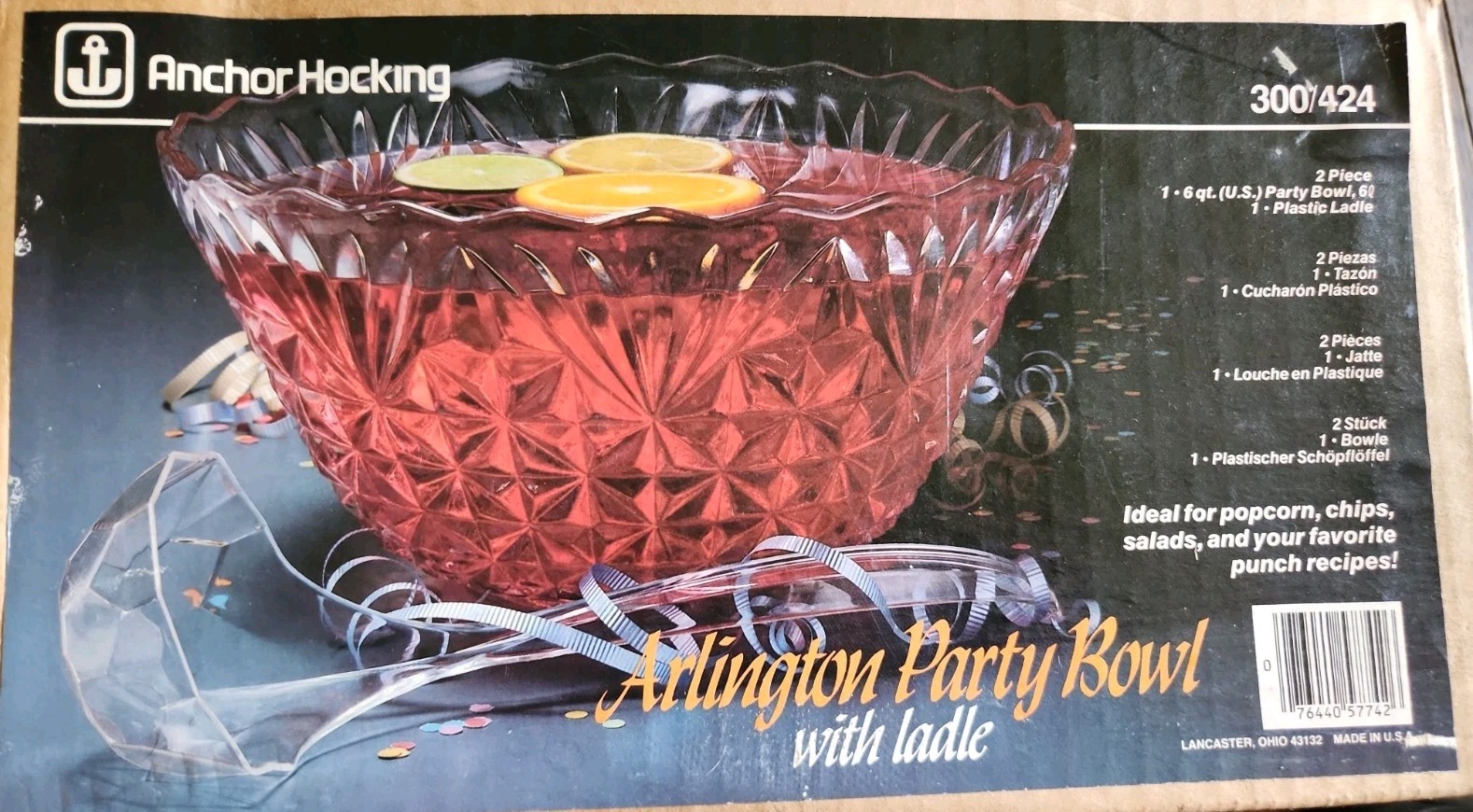 Vtg. Anchor Hocking Arlington 6 qt Punch Bowl & Ladle Scalloped Rim 12″ IOB