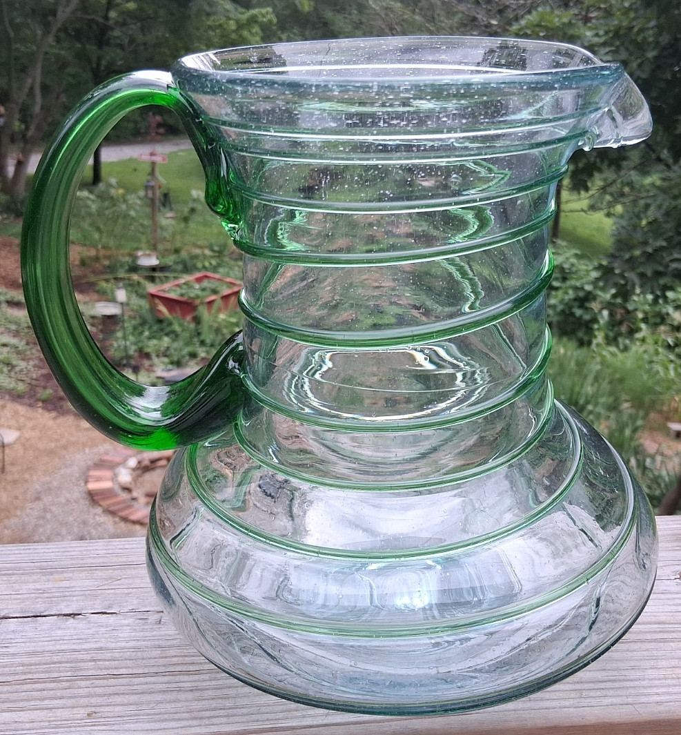 9″ Mexican Hand Blown Art Glass Pitcher Applied Green Threading & Handle Lg Base