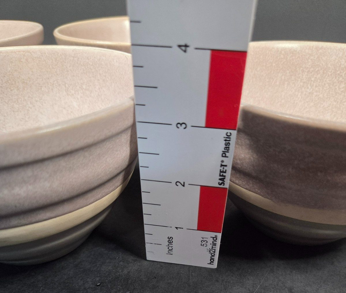 Baum Brothers HARPER Cereal Soup Bowls Mist Tan Blue Speckled Grey Band Set 4