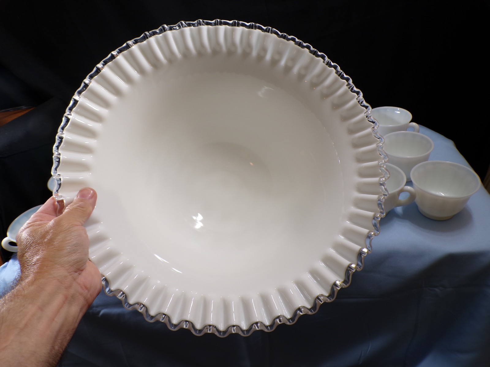 Very Large Fenton Milk Glass Silver Crest Punch Bowl Set w/ Stand & 12 Cups