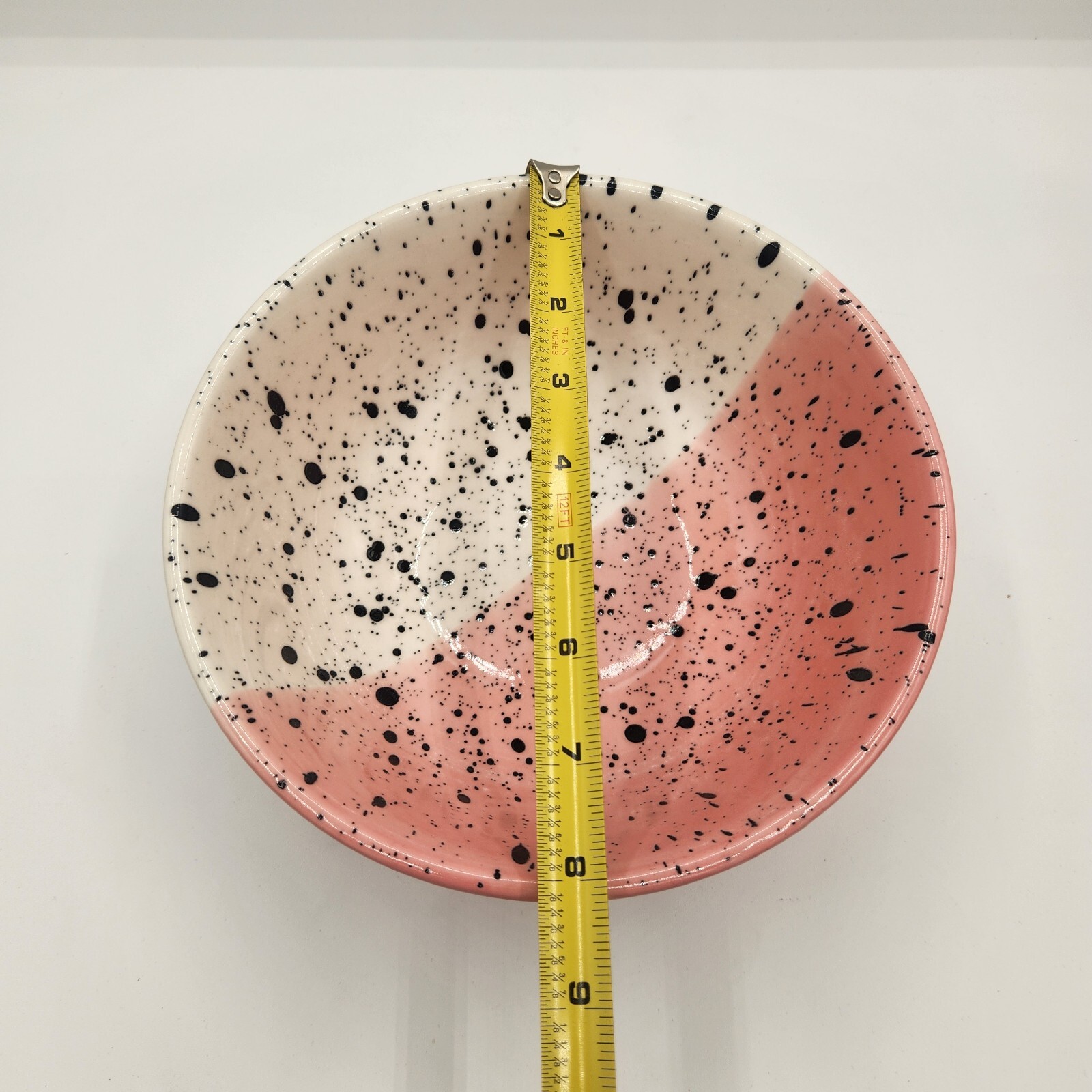 VTG Pottery Bowl Light Pink Off White Black Splatter Trinkets Noodle Fruit 8in