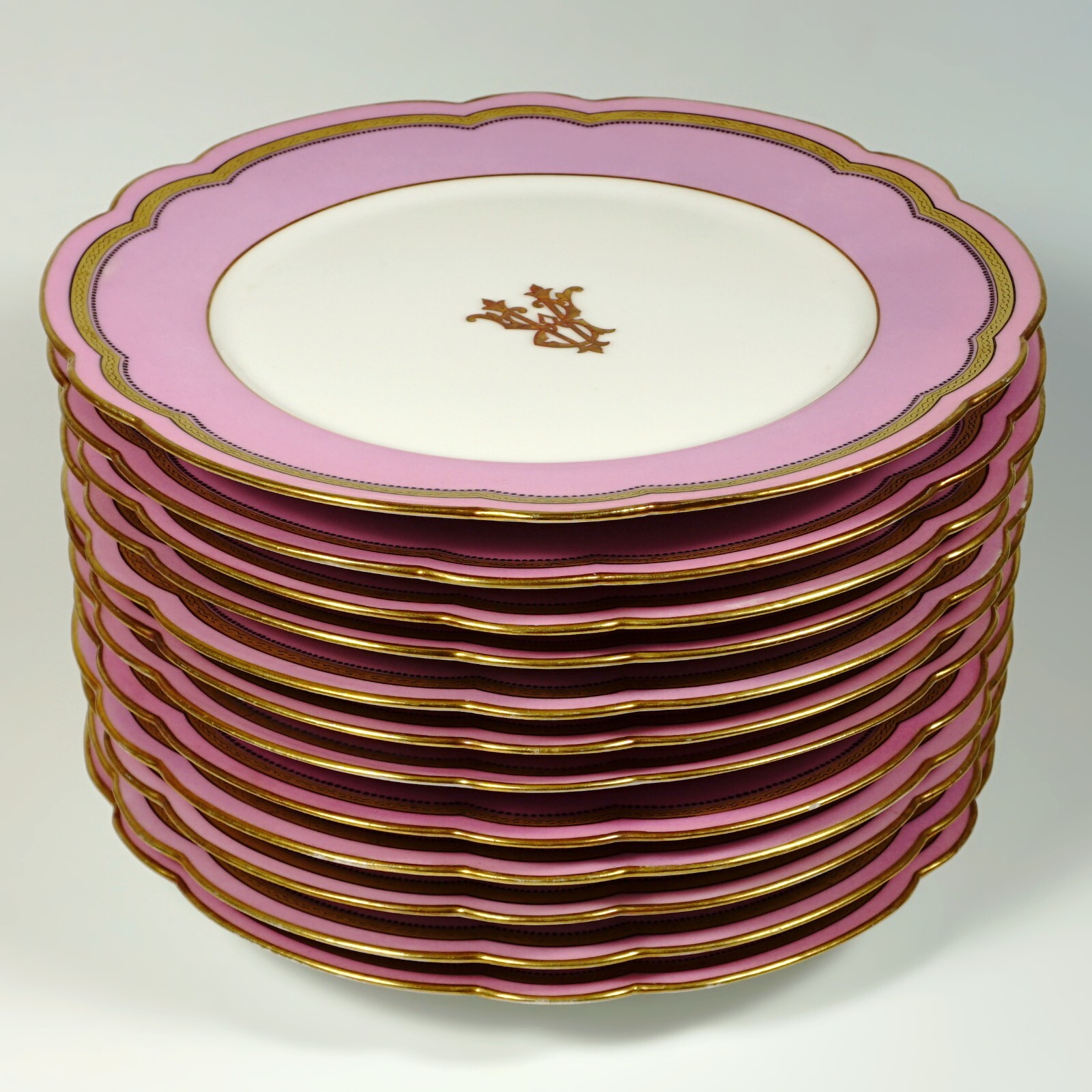 Antique French Old Paris Porcelain Pompadour Pink Dessert Service Plates Set