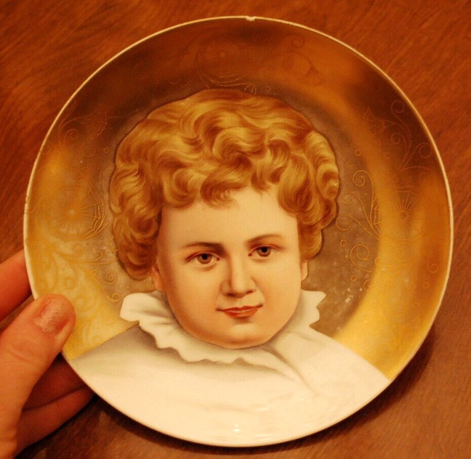 Antique Victorian HAND PAINTED PORTRAIT PLATE Blonde Child’s Face W Gold Gilt