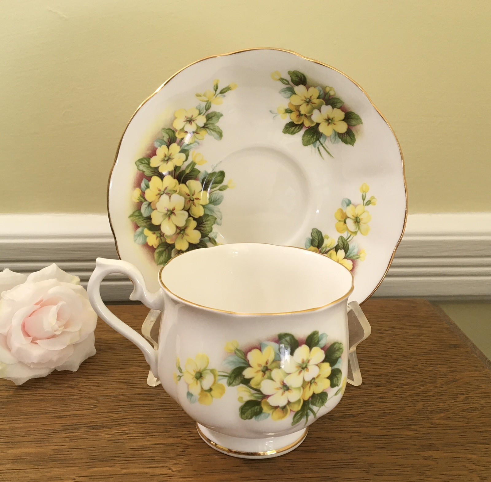 Royal Albert Teacup Saucer Set Bone China Yellow Primrose England Vintage 1960s