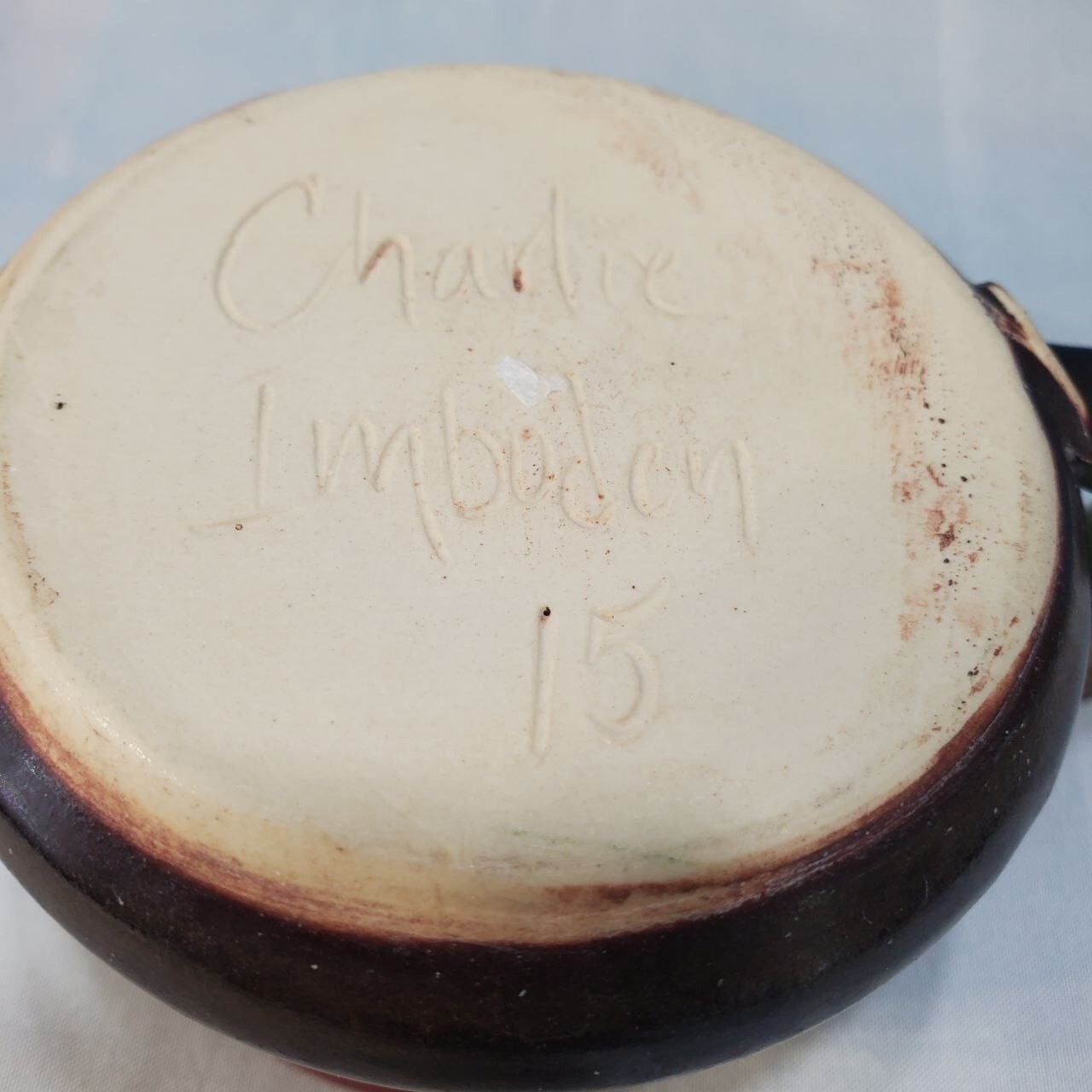 Art Pottery Small Cup Brown Burgundy Glaze Signed Stoneware Charlie Imbaden