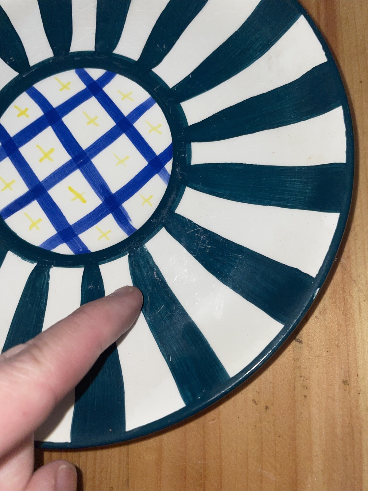 CBK Ltd LLC 1997 Striped Plate Green White Blue Yellow Geometric Hand Painted Sm
