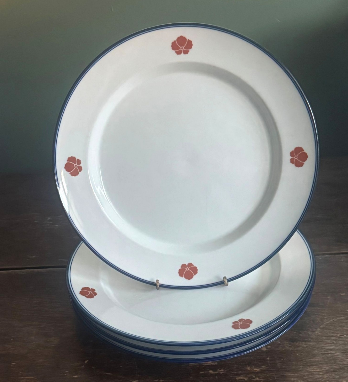 Four Dansk 10.5″ Dinner Plates Cobalt Blue Trim Rust Flower
