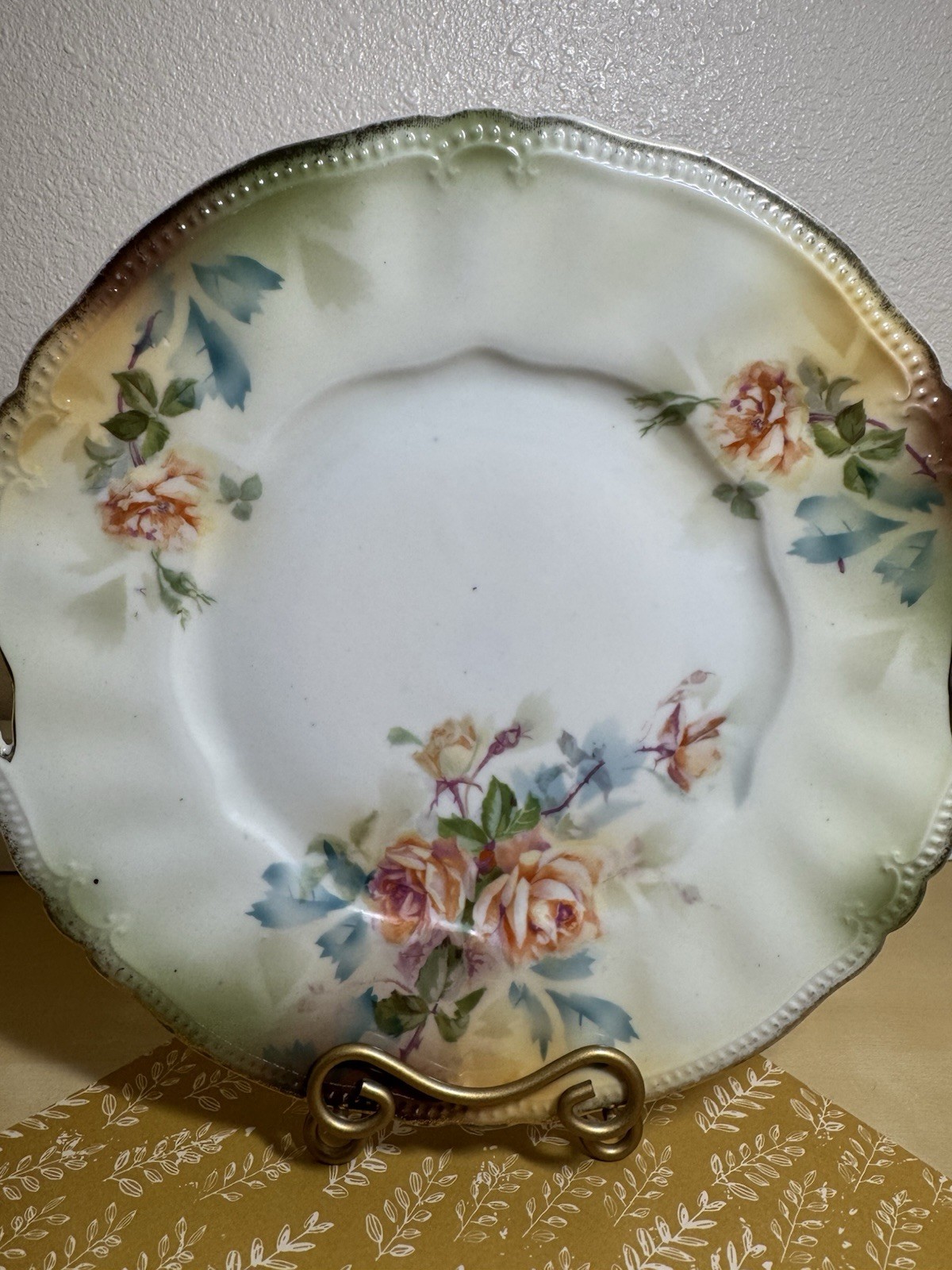 RS Prussia Handled Cake Plate Pierced Handles Scalloped Edge Beaded Trim