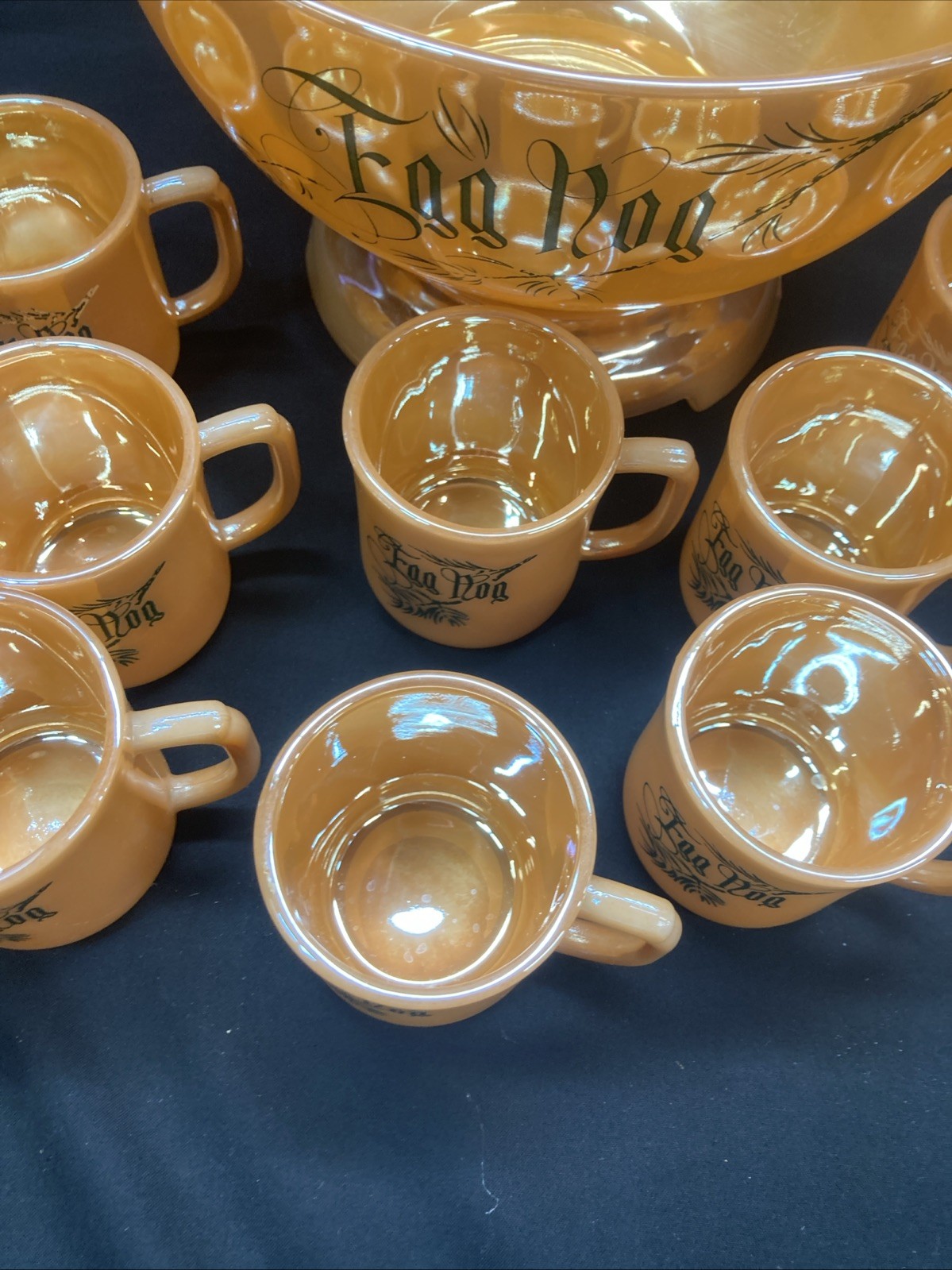 eggnog punch bowl set vintage Tom & Jerry Peach Luster Fire King W/stand 12 Cups
