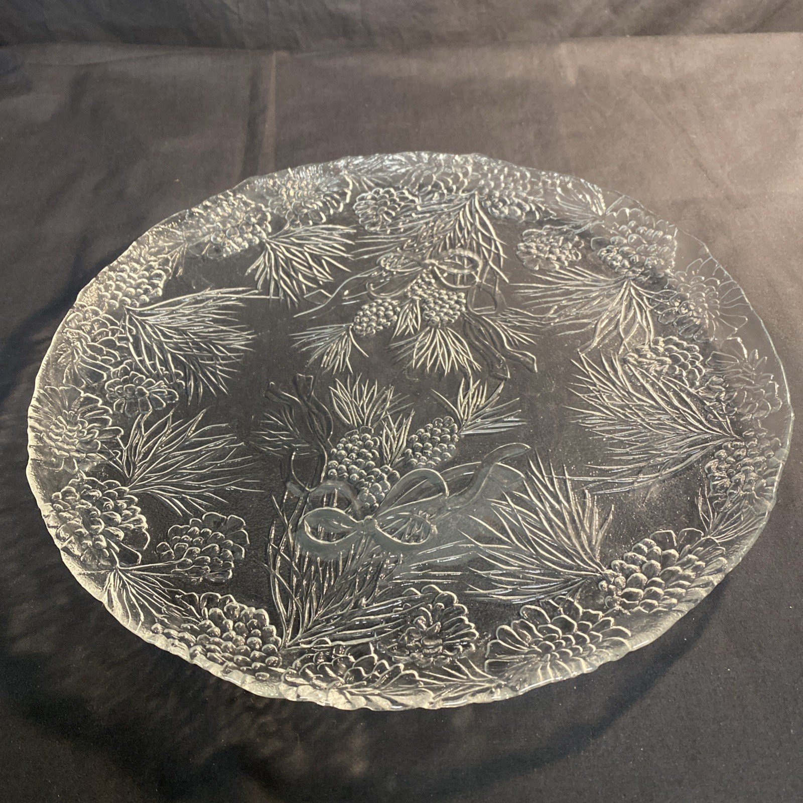 13″ Clear Holiday Round Platter Serving Glass Embossed Pinecones & Bows- Vintage